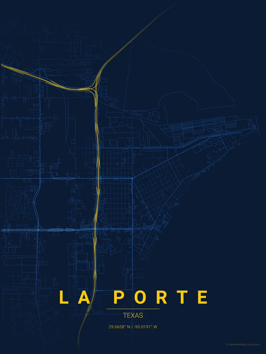 Street map of La Porte, Texas, with State Highway 146 running north to south through the city and the Lions Club service area centered on the town.